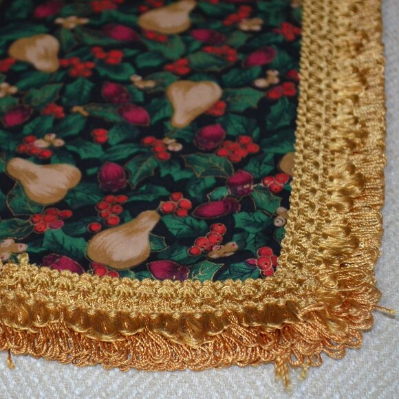 Holiday Table Runner, Pear & Berry Print, Gold Fringe, 120 x 22", Handcrafted - Picture 5 of 6